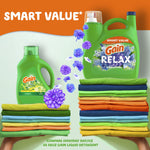 Gain RELAX detergent bottle alongside folded colorful laundry stacks and floral graphics on a light background