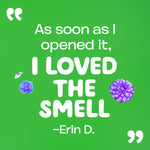 Green tile with a customer quote in white text reading “As soon as I opened it, I loved the smell” and purple floral accents
