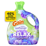 Green Gain Relax fabric softener bottle with purple floral design and '151 loads' callout on white background.