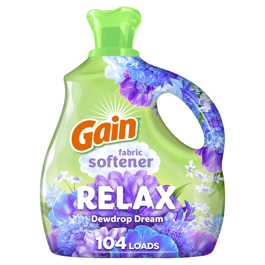Green Gain Relax fabric softener bottle with floral graphics and label reading 'RELAX' and '104 LOADS'