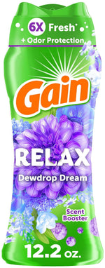 Tall green Gain RELAX Dewdrop Dream scent booster bottle with purple floral artwork and 12.2 oz label