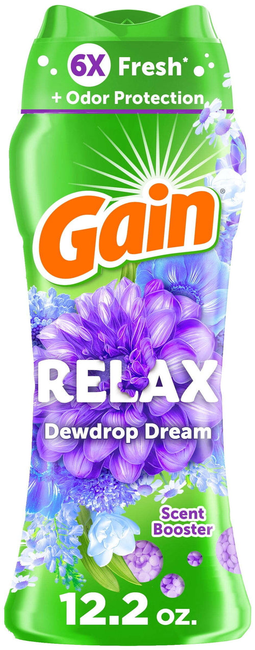 Tall green Gain RELAX Dewdrop Dream scent booster bottle with purple floral artwork and 12.2 oz label