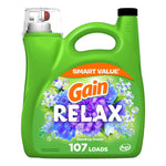 Green Gain RELAX liquid detergent jug with floral label and built-in measuring cap, Dewdrop Dream branding