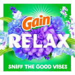 Close-up graphic of Gain RELAX logo over purple floral bouquet on a bright green background with slogan below