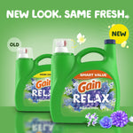 Promotional image showing old and new green Gain RELAX detergent bottles with 'New look. Same fresh.' headline
