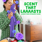 Smiling person holding a purple garment surrounded by illustrated purple flowers and slogan about long-lasting scent
