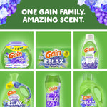 Grid of Gain RELAX family products and variants with headline 'One Gain Family. Amazing Scent.' on green background