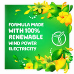 Green infographic panel with floral artwork stating 'Formula made with 100% renewable wind power electricity' and wind turbine icon.