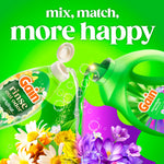 Two Gain bottles pouring with colorful flowers and bubbles and headline 'mix, match, more happy' on vivid green background