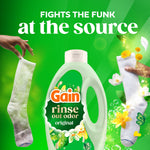 Gain Rinse Out Odor bottle flanked by dirty and fresh socks with headline 'Fights the funk at the source' on green background