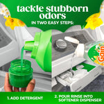 Two-panel instructional graphic showing adding detergent and pouring Gain Rinse into softener dispenser to tackle stubborn odors