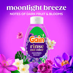 Gain Rinse out odor bottle pictured on purple gradient background with 'moonlight breeze' header and floral decorations.