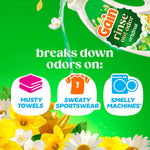 Graphic of Gain Rinse Out Odor bottle pouring with text highlighting it breaks down odors on musty towels, sportswear and machines