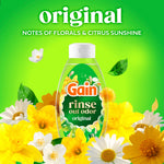 Gain Rinse Out Odor Original bottle surrounded by yellow and white flowers with 'original' scent headline