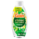 Clear bottle of Gain Rinse Out Odor Original with green label and floral accents on white background