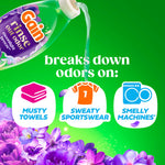 Pouring Gain Rinse Out Odor Moonlight Breeze liquid from a tilted bottle over icons for musty towels, sweaty sportswear, and smelly machines.