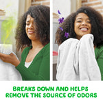 Split image showing person displeased with a smelly towel and then happy holding a fresh towel with floral scent graphics