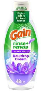 Close-up of a Gain Rinse+Renew Dewdrop Dream fabric rinse bottle with green label and purple floral artwork