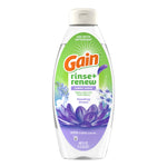 Studio shot of a Gain Rinse+Renew Dewdrop Dream bottle on white background showing label artwork and volume at the base