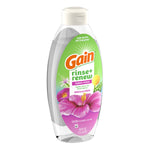 Three-quarter view of a Gain rinse+renew Hibiscus Hula fabric rinse bottle on white background