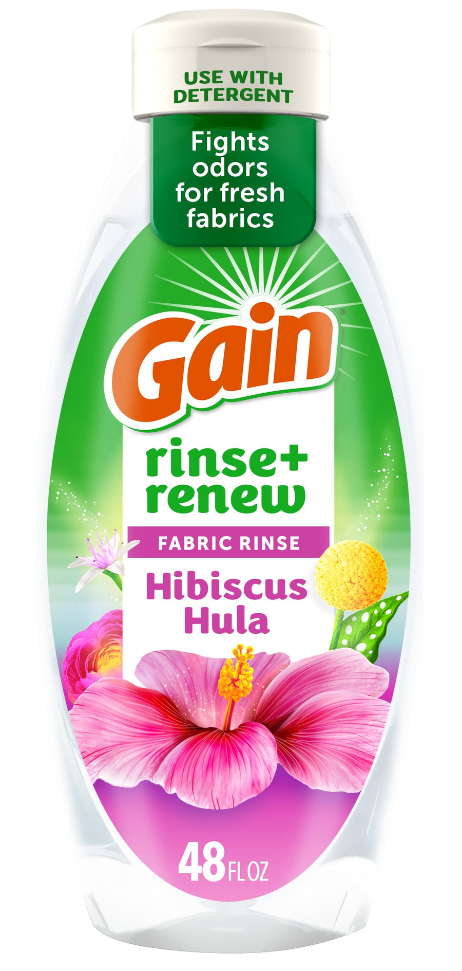 Close-up front label of a Gain rinse+renew fabric rinse bottle with hibiscus flower artwork