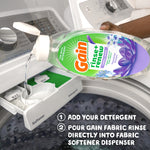Gain Rinse+Renew bottle being poured into a washing machine dispenser with on-image instructions to add detergent first