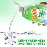 Hand pouring liquid from a Gain Rinse+Renew bottle into water with purple flower petals and text about light freshness
