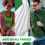 Three-panel lifestyle image showing active woman, a white towel, and a commuter with on-image text reading safe on all fabrics