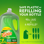 Green Gain Ultra Clean refill jug on a green background with text promoting saving plastic by refilling your bottle