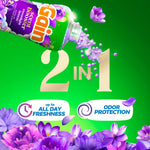 Tilted Gain scent booster bottle pouring purple scent beads with text highlighting a 2-in-1 benefit on green background.