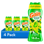 Four green Gain scent booster bottles arranged in a display with a blue banner reading '4 Pack', floral graphics on bottles