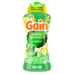 Tall green Gain scent booster bottle with transparent lower window showing light green scent beads and 'original' label.