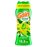 Green Gain Scent Booster bottle with butterfly and floral graphics labeled original 13.2 oz on white background.