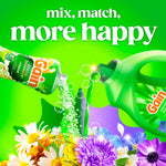Vibrant mix-and-match promotional art showing Gain scent booster being poured into detergent bottle with floral burst