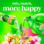 Graphic showing Gain scent booster being poured into a detergent bottle over a pile of colorful flowers