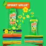 Two Gain Scent Booster bottles above neatly folded colorful clothes with flowers and a 'smart value' label on green background.