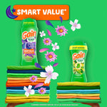 Two Gain scent booster bottles over stacks of folded colorful clothes with floral graphics and a smart value label