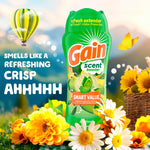 Gain Scent Booster bottle amid flowers and a hot-air balloon graphic with text about a refreshing crisp scent on a scenic background.