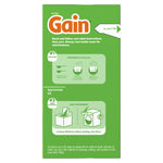 Side panel of Gain powder box showing measuring and adding detergent instructions with simple icons