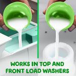 Split image showing Gain softener being poured into top-load dispenser and front-load filler with caption about washer compatibility