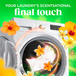 Washer door with stylized dryer sheet and tropical flowers illustrating a scented laundry experience for Gain
