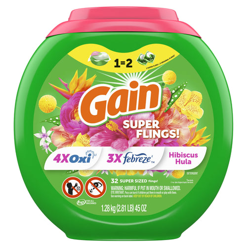 Front-facing Gain Super Flings green container with pink lid and hibiscus artwork, product badges and warning icons visible.