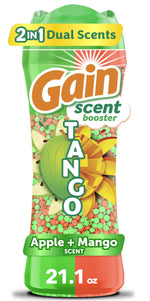 Tall Gain Tango scent booster bottle with green cap and apple+mango imagery showing orange and green scent beads