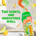 Gain Tango scent booster bottle with swirling orange and green beads and text reading two scents, one irresistible smell