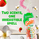 Promotional graphic of a Gain Tango scent booster bottle with strawberries, flowers and text about two scents