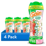Four-pack graphic showing Gain Tango in-wash scent booster bottles with strawberry and shea branding