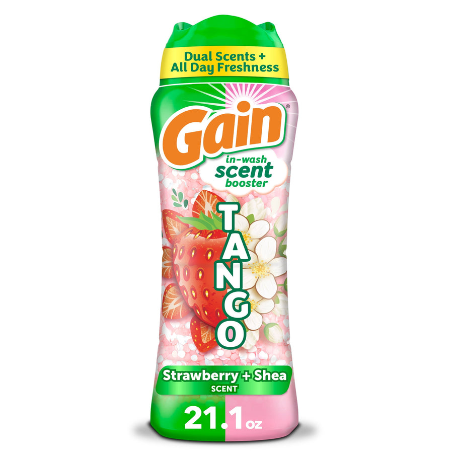 Tall Gain Tango in-wash scent booster bottle with strawberry and shea graphics on white background