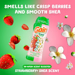Colorful graphic of Gain Tango bottle with strawberries and flowers and text describing crisp berries and smooth shea