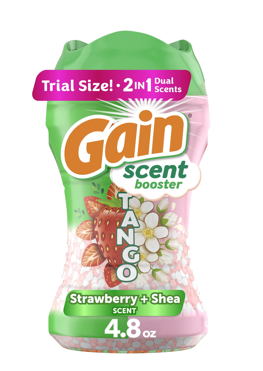 Front-facing Gain Tango scent booster bottle showing strawberry and floral graphics and 4.8 oz label