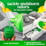 Two-panel instructional graphic showing pouring detergent and pouring rinse into a washer dispenser with 'tackle stubborn odors' header